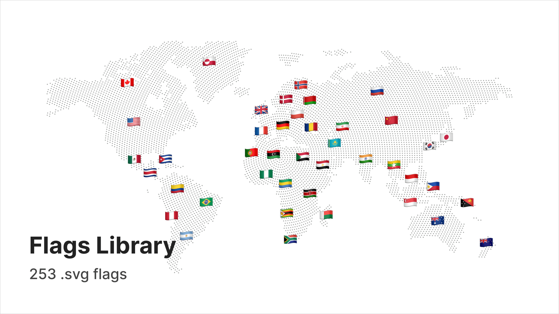 Flags Library: 253 SVG country flags, shown on a dotted world map
