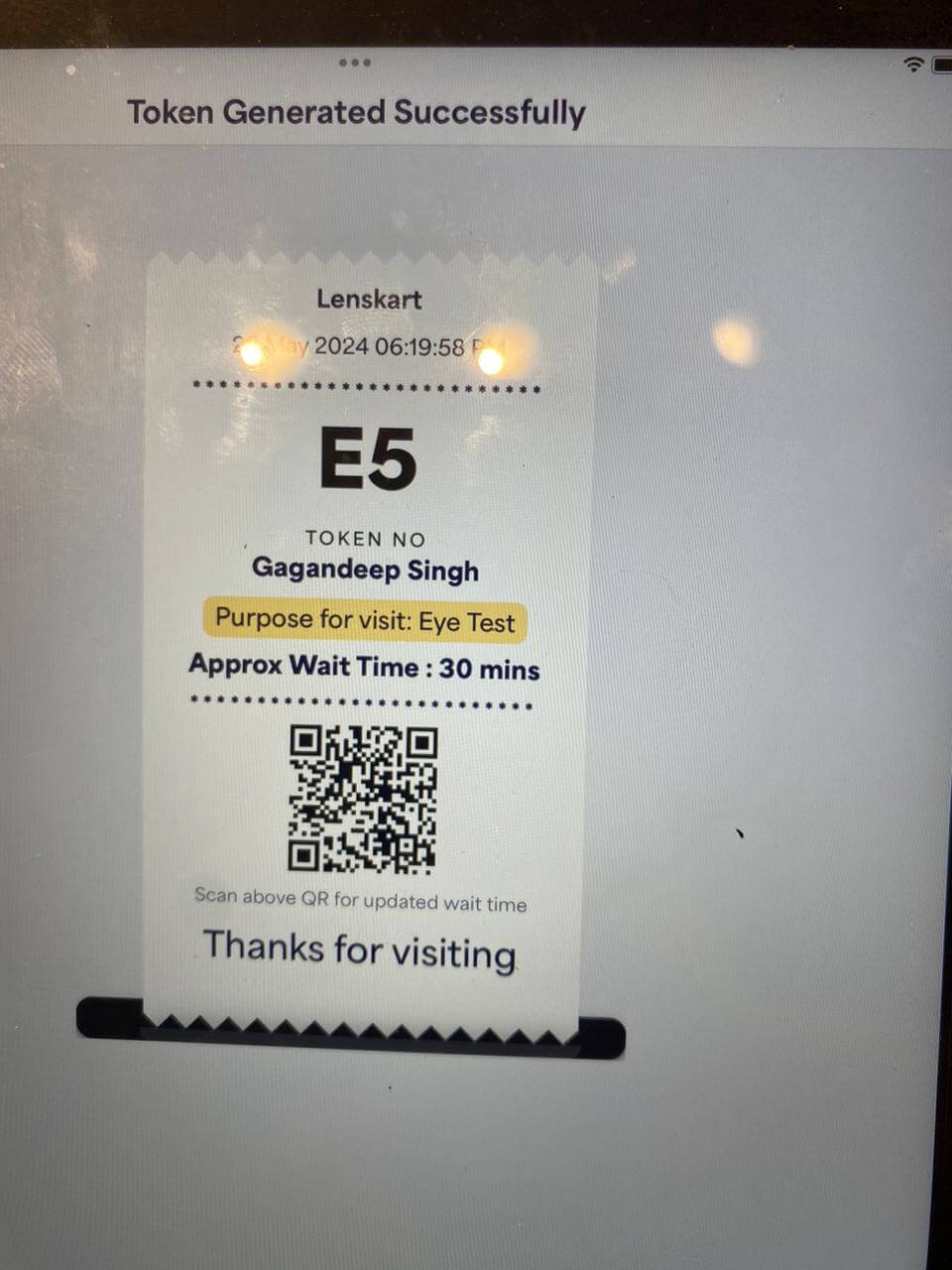 Token generated at store