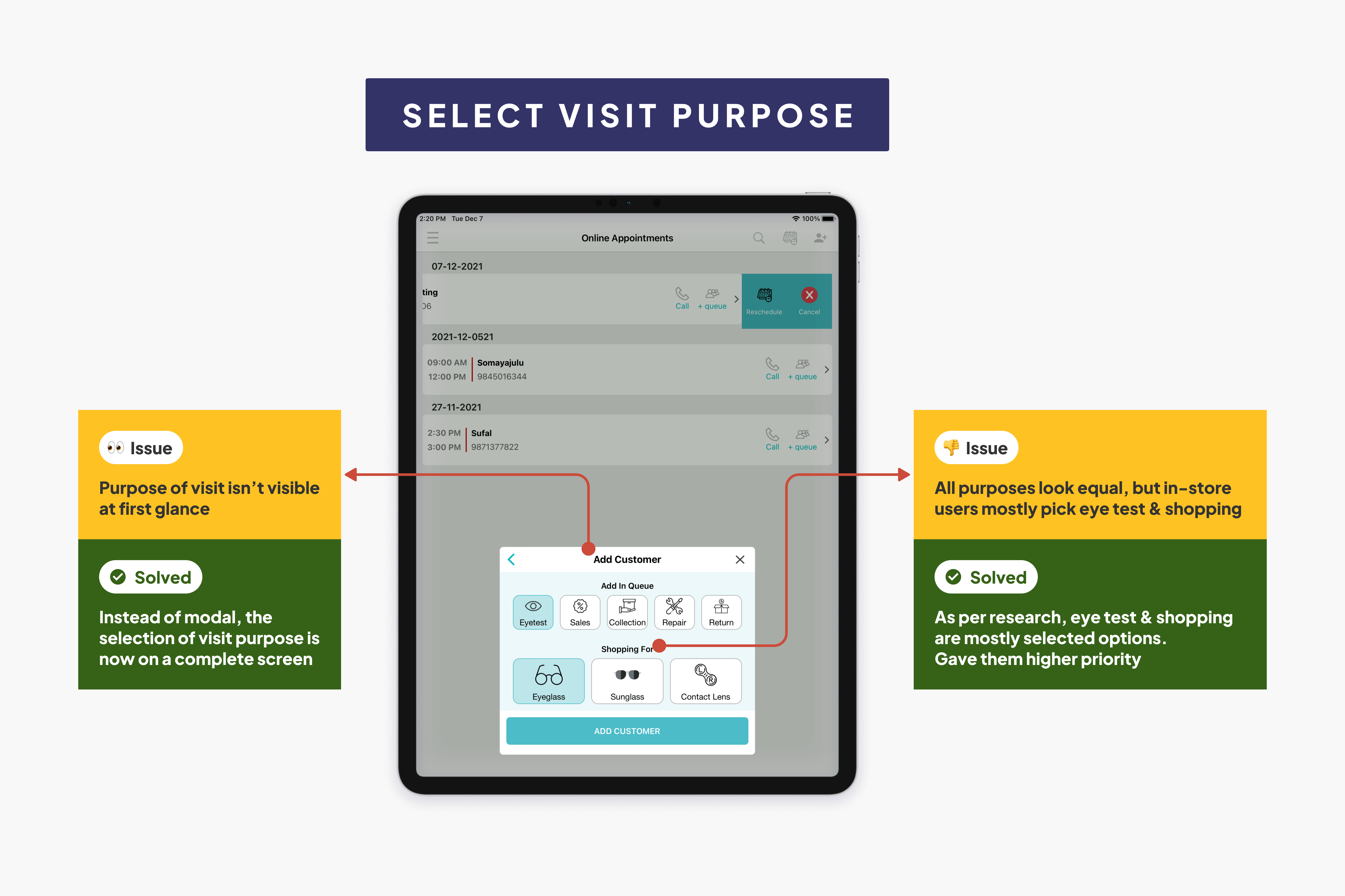 Old Purpose of Visit screen with annotated issues